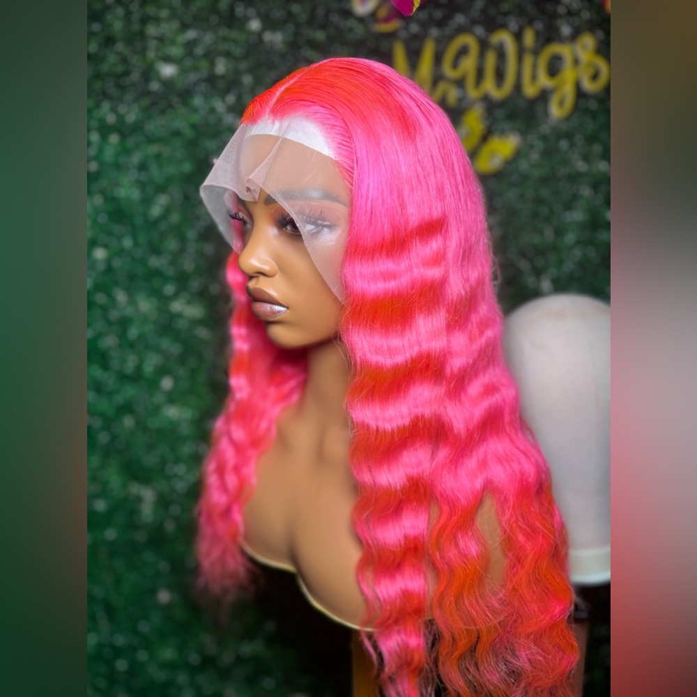 Pink human hair lace front wig crimped